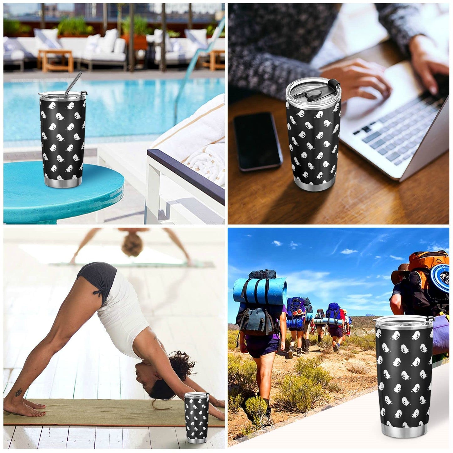 Yasala Halloween Tumbler Doodle Spooky Ghost Insulated Coffee Cup Back to School Beverage Container Office Travel Mug with Straw and Lid 20oz Holiday Gift Day of The Dead Present