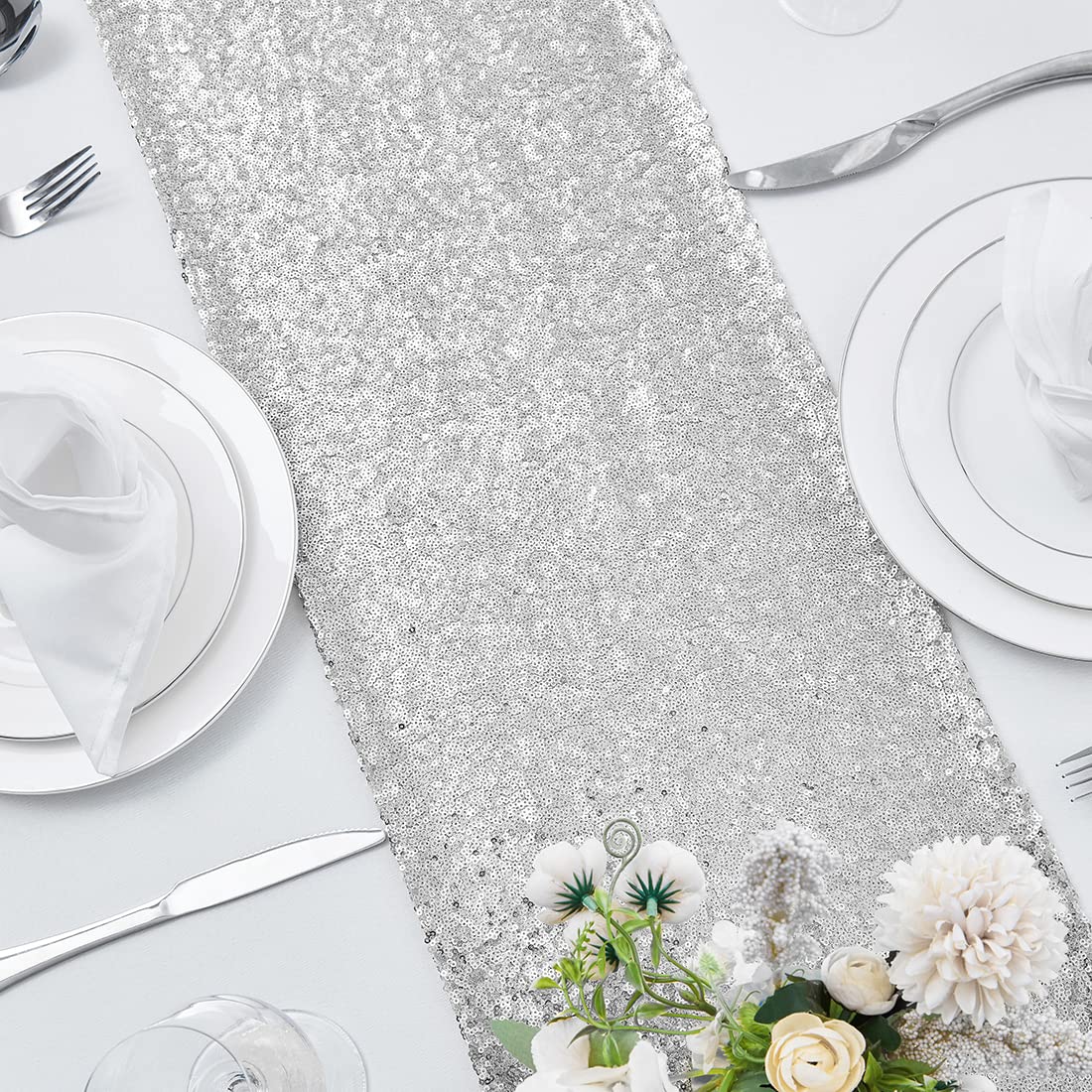 2 Packs 12 x 72 inches Silver Sequin Table Runner, Glitter Runner for Birthday Party Supplies Decorations Wedding Bachelorette Holiday Celebration Bridal Shower Baby Shower