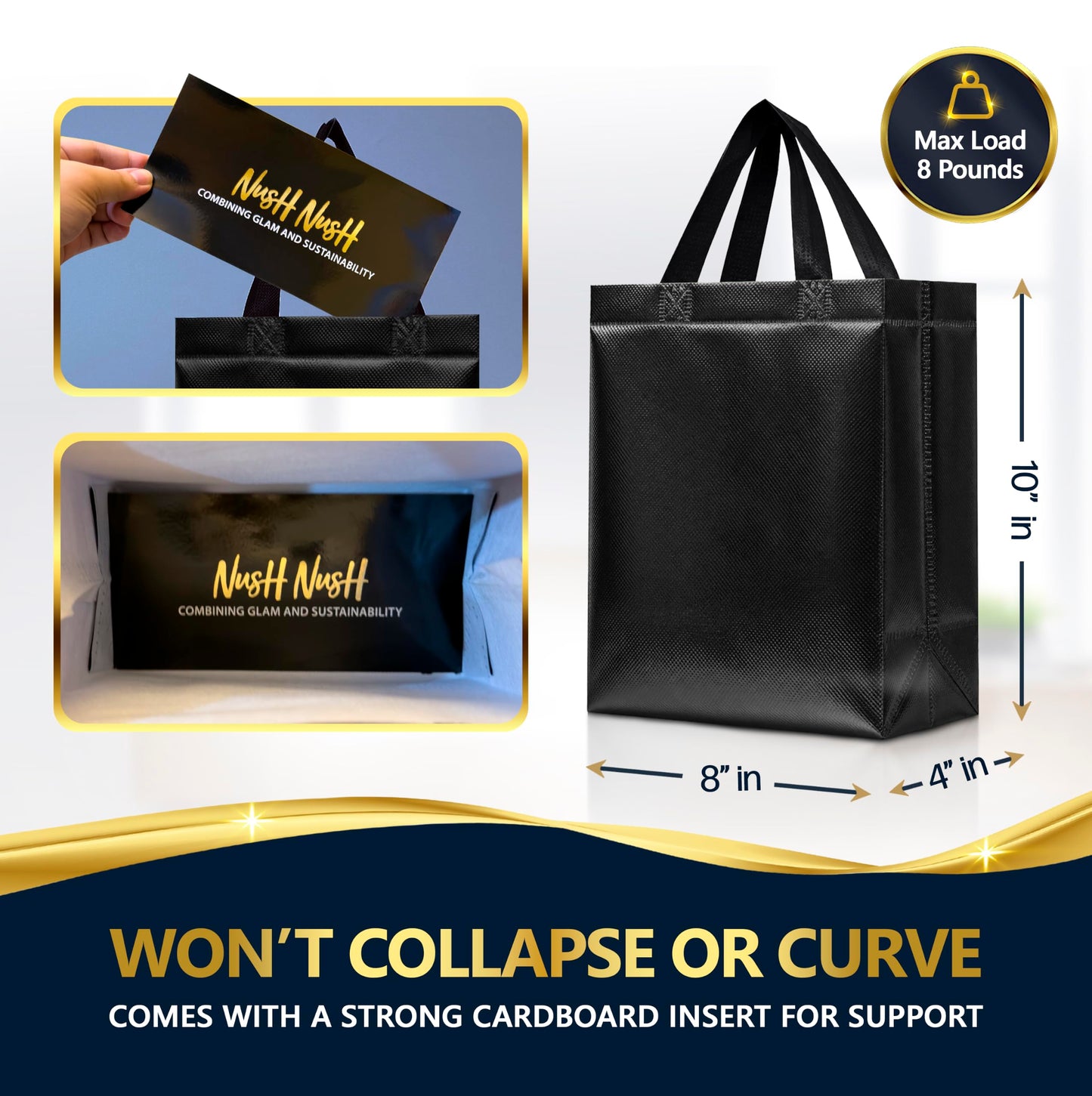 Nush Nush Black Gift Bags Medium Size – Set of 12 Shiny Black Reusable Gift Bag With Handles - Ideal as Halloween Goodie Bags, for Christmas, Birthday Party Favors – 8Wx4Dx10H Size