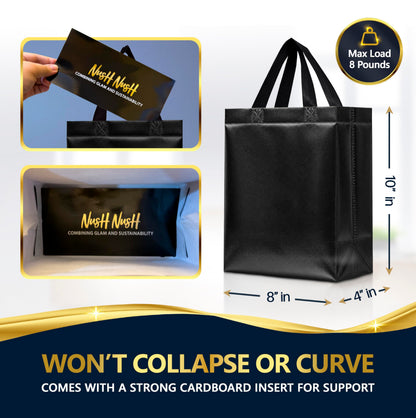 Nush Nush Black Gift Bags Medium Size – Set of 12 Shiny Black Reusable Gift Bag With Handles - Ideal as Halloween Goodie Bags, for Christmas, Birthday Party Favors – 8Wx4Dx10H Size