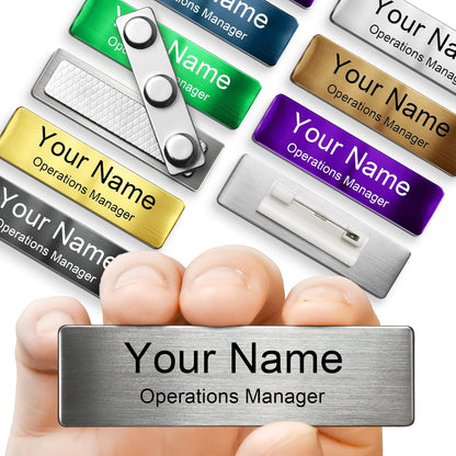 Engraved Personalized Name Tags with Magnet Clip or Pin - Stainless Steel Metal Custom Magnetic Name ID Badge Tag for School Teacher, Kids, Business Work Lable Sign Employee Name Plate (Magnet)