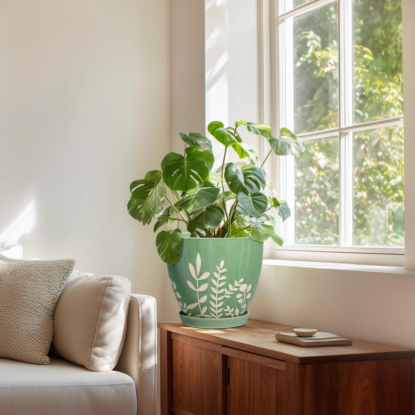 EPFamily 8 Inch Indoor Plant Pot with Drainage and Saucer - Ceramic Planter for Indoor Outdoor Plants, Decorative Flower Pot, Desk Home Office Garden Decor, Plant Lovers Gifts, Green