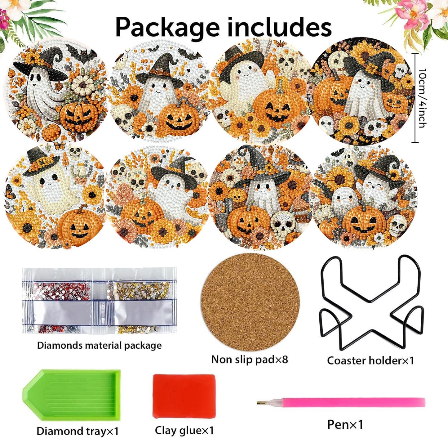8 PCS Halloween Diamond Art Coasters Kits with Holder Ghost Pumpkin Diamond Painting Coaster Kit for Adults Beginners,5D DIY Gem Art Kit Full Drill Diamonds Art Craft Supplies 4X4 Inch