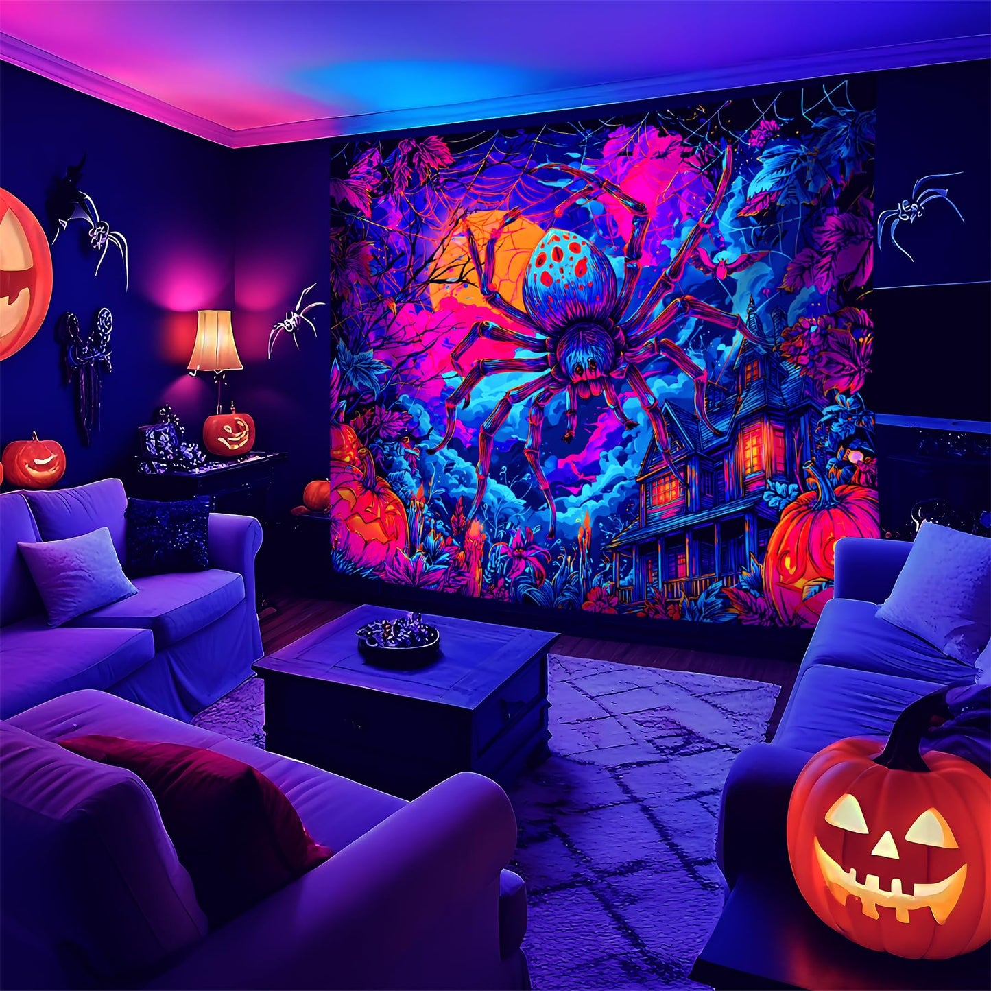 NYZE Spider Tapestry for Black Light, Tapestry Blacklight Halloween Wall Decor Tapestrie Glow in The Dark Party Decor UV Reactive Poster for Bedroom 90 * 70in