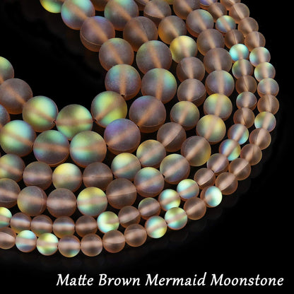 Matte Brown Aurora Crystal Glass Beads, 6MM Frosted Glitter Shining Mermaid Round Loose Beads, Rainbow Holographic Synthetic Moonstone for Jewelry Making DIY Bracelet