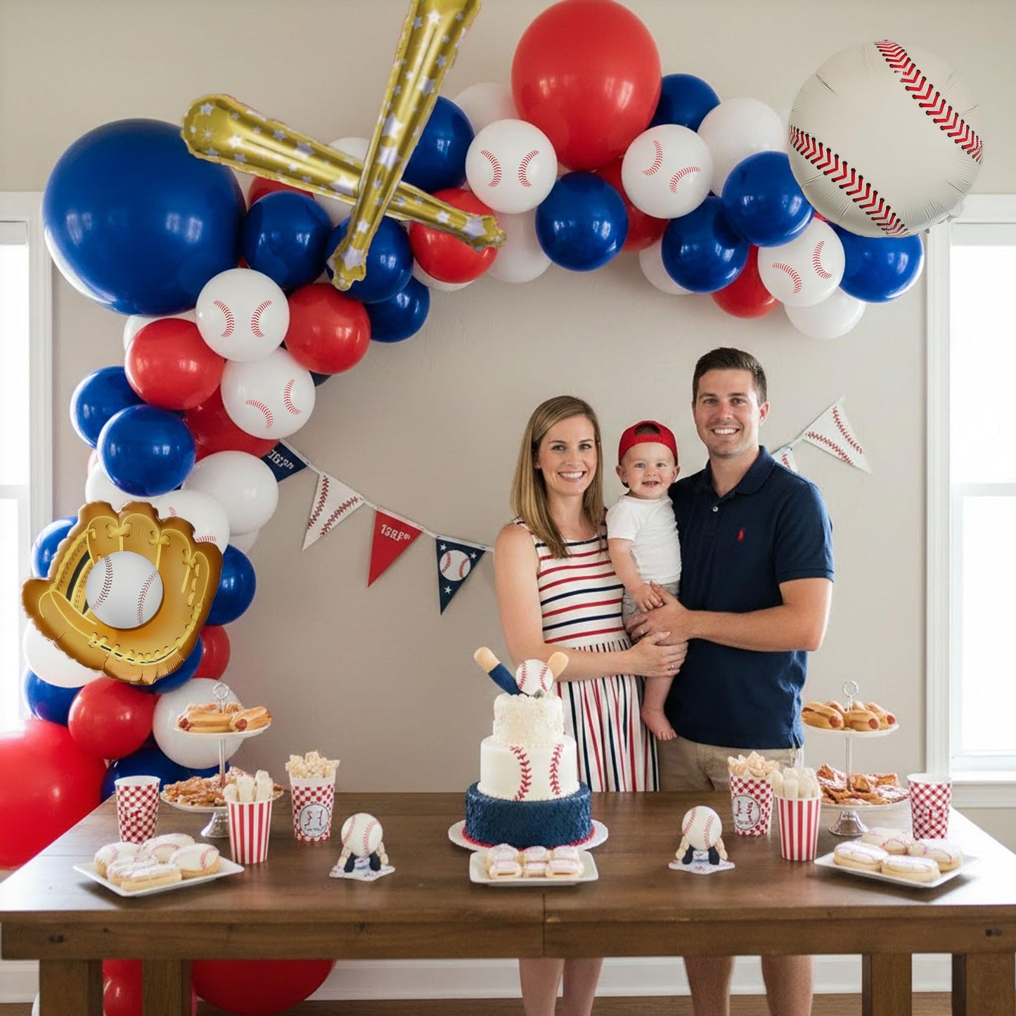 Baseball Balloon Arch Kit, Navy Blue Red White Balloon Garland with Baseball Print Baseball Bat and Glove Foil Balloons, for Rookie Year Baseball Birthday Party Decorations