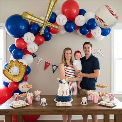 Baseball Balloon Arch Kit, Navy Blue Red White Balloon Garland with Baseball Print Baseball Bat and Glove Foil Balloons, for Rookie Year Baseball Birthday Party Decorations