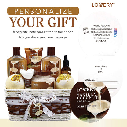 Gifts For Women Gift Basket for Women– 9 Piece Set of Vanilla Coconut Home Spa Set, Includes Fragrant Lotions, Extra Large Bath Bombs, Coconut Oil, Luxurious Bath Towel & More