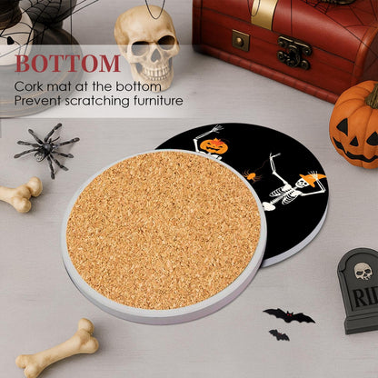 Bribay Coaster for Drinks Set of 6, Funny Happy Halloween Skeleton Pumpkin Bat Absorbent Round Ceramic Stone Mat, with Cork Base and Metal Holder, Gift for Housewarming Room Bar Decor