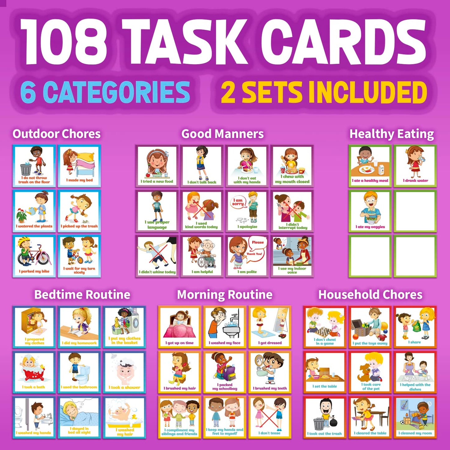 Chore Chart for Multiple Kids, Behavior Incentive for at Home, Dry Erase, and Magnetic Board for 2 Kids, Includes 54 Task Cards