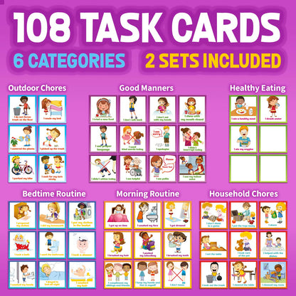 Chore Chart for Multiple Kids, Behavior Incentive for at Home, Dry Erase, and Magnetic Board for 2 Kids, Includes 54 Task Cards