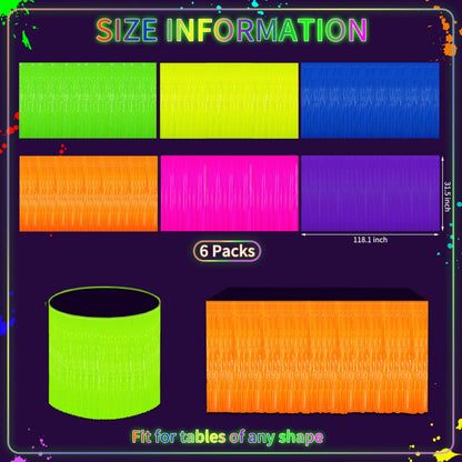Glow in the Dark Party Supplies - 6Pack Neon Tinsel Fringe Table Skirts Party Decoration， 31.5"x118" UV Reactive & Fluorescent Neon Streamers for Birthday, Rave, Blacklight & Glow Event