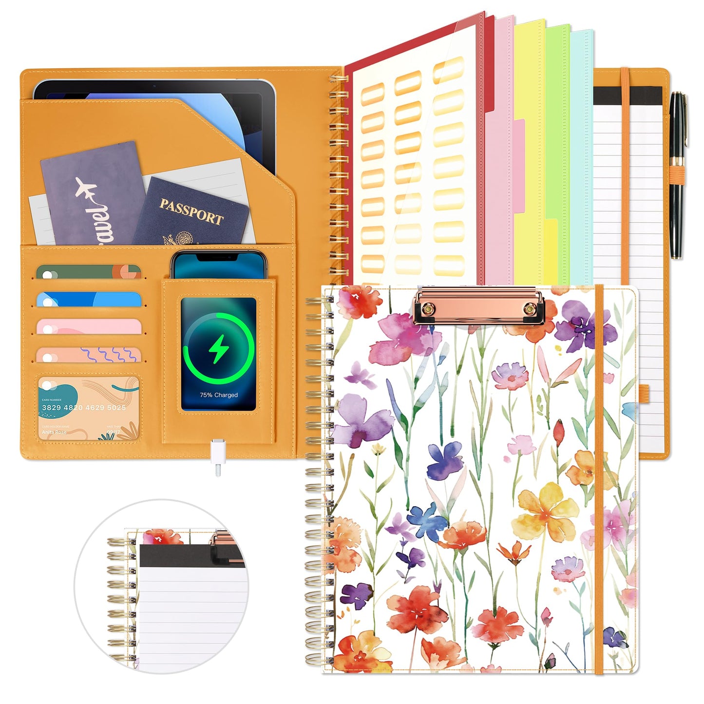 Ospelelf Clipboard with Storage for Women, Leather Padfolio Portfolio Organizer 5 Folders with 10 Pockets, Spiral Clipboard Folio with Notepad for Letter Size, Elastic Closure and Pen Loop Flowers
