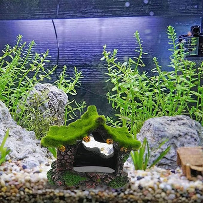 Tfwadmx Aquarium Decoration House Resin Hollow Betta Hideout House Fish Hide Tank Terrarium Accessories Cave Ornament for Small Shrimp Hideaway with Moss（2Pcs）
