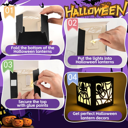 OuMuaMua 4 Pcs Halloween Party Decorations Indoor Halloween Table Centerpieces Boxes, Light up Spider Web Paper Lanterns with Led Lights for Spooky Party Supplies Home Decor