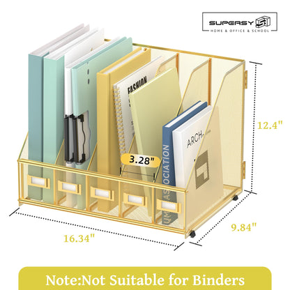 SUPEASY Desk Organizers Metal Desk Magazine File Holder with 5 Vertical Compartments Rack File Organizer for Office Desktop, Classroom, Home Workspace, Gold