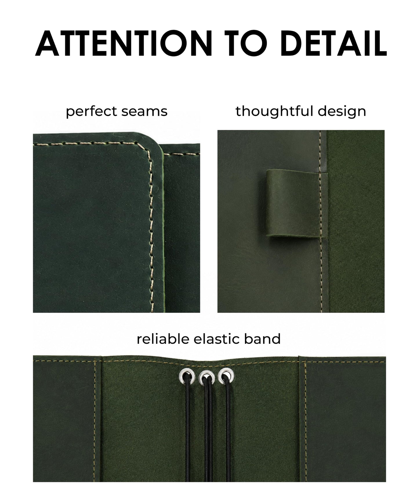 Leather Journal Cover – Refillable A5 Notebook Cover (5.8" x 8.3") with 3 Elastic Bands for Multiple Inserts, Genuine Leather Travel Diary Case with Pockets & Pen Holder Green (Inserts Not Included)