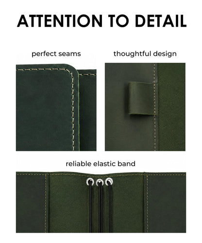 Leather Journal Cover – Refillable A5 Notebook Cover (5.8" x 8.3") with 3 Elastic Bands for Multiple Inserts, Genuine Leather Travel Diary Case with Pockets & Pen Holder Green (Inserts Not Included)