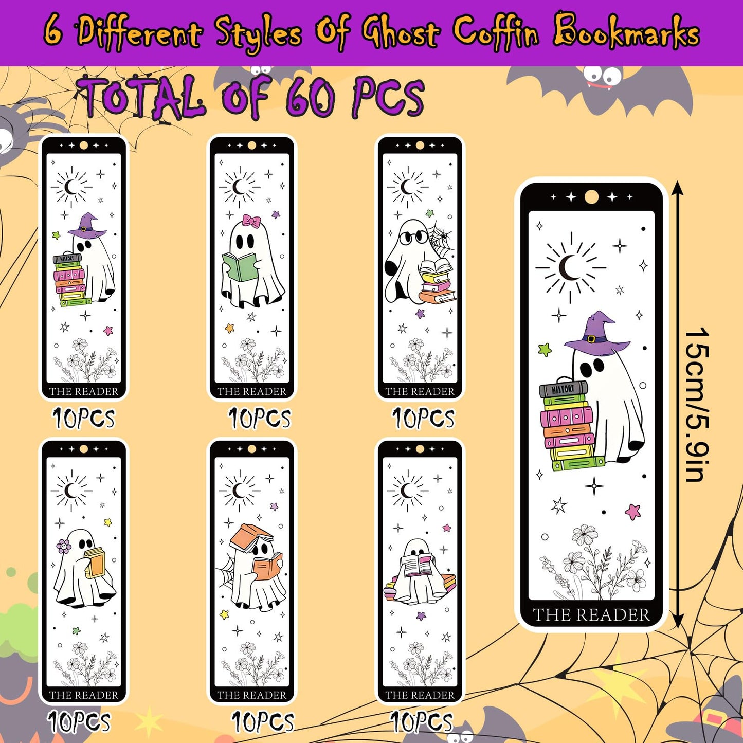 Whaline 60 Pcs Halloween Ghost Bookmark Cute Cartoon Reading Ghost Book Page Markers with Tassels for Book Lovers Student Teacher Home Classroom Supplies, Double-Sided
