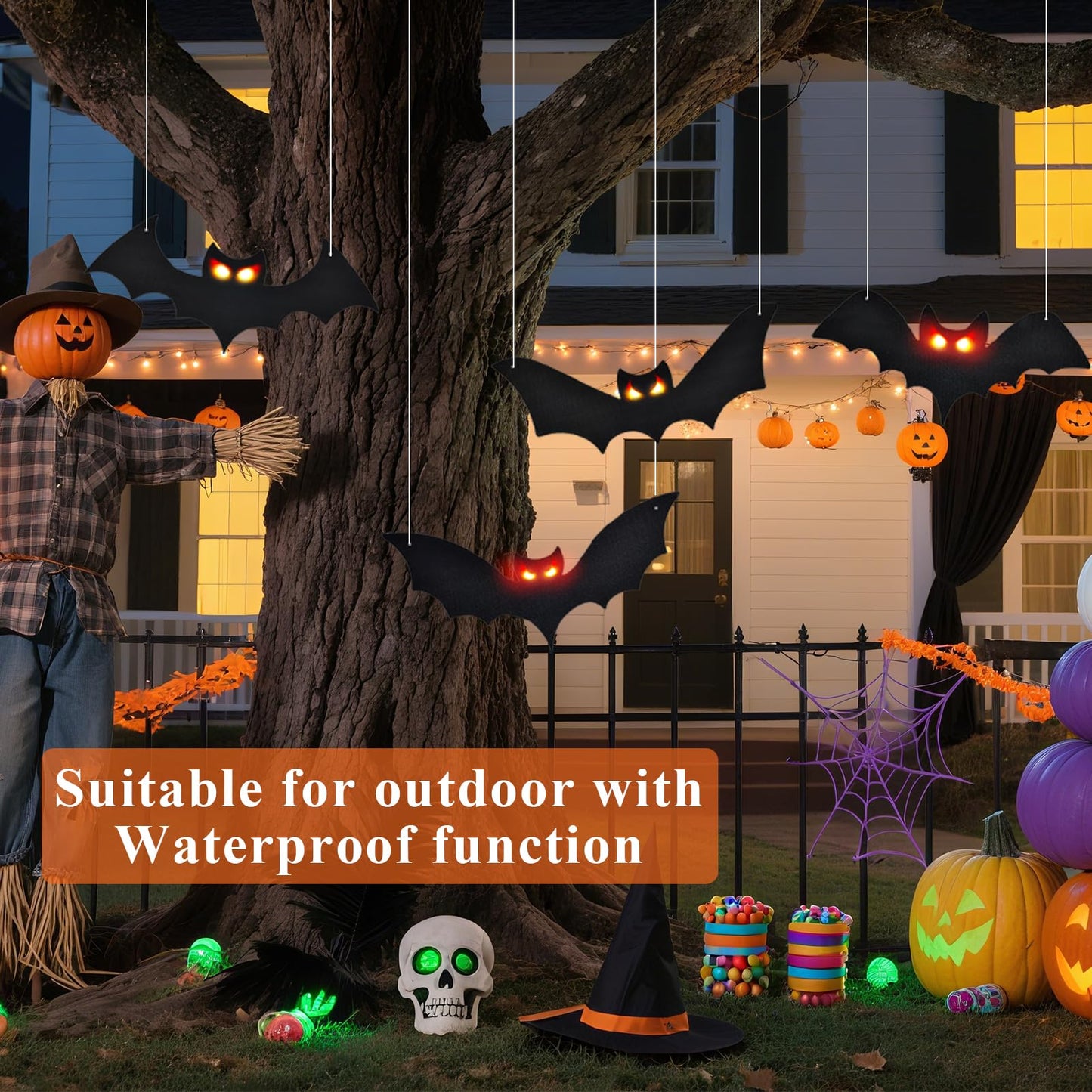Lighted Halloween Hanging Bats, 4 Packs Halloween Decorations Outdoor Scary Large Black Hanging Flying Bat with LED Lights Spooky Glow Eyes Waterproof for Yard Sign Window Wall Decor Indoor Clearance