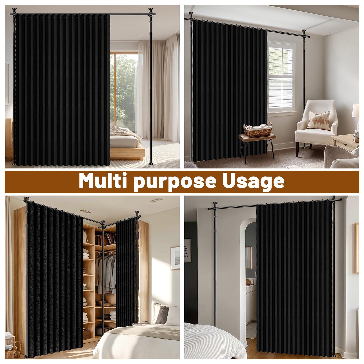 100% Blackout Room Divider Curtains Sets Black 1 Panel W100 x L84in No Drill Curtain Rods(H) 43-120×(W) 35-100 in for Bedroom Privacy Partition Separator