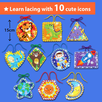 KRAFUN My First Lacing Cards for Boys & Girls Age 3+, 10 Holographic Space Animal Arts & Crafts Projects, Fine Motor Skills Toys with T-Rex Astronaut Rocket Tiger Elephant Dinosaur