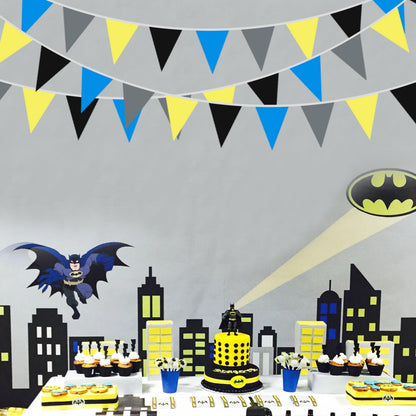 40Ft Yellow Blue Black Grey Fabric Bunting Banner Pennant Hanging Party Decorations Cotton Triangle Flag Garland for Boys Cartoon Police Super Spider Bat Space Game Theme Birthday Baby Shower Decor