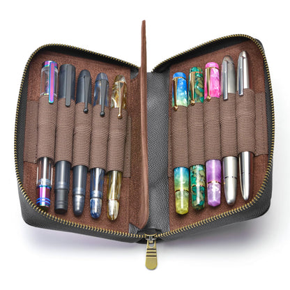 Fountain Pen Case Genuine Leather Pen Case 10 Divided Slots Black, Rollerball Pen Holder Handmade Display Organizer Zippered Pouch