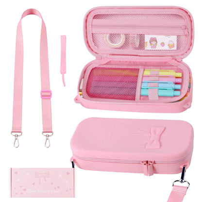 YAYAYOUNG Silicone Pink Bow Pencil Case with Hand strap & Shoulder Strap, Large Capacity Zipper Pen Pouch Organizer, Cute School Supplies for Teens Girls & Women