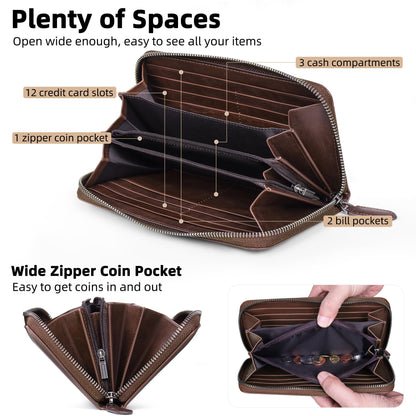 VISOUL Leather Long Zipper Pouch Wallet for Men and Women with RFID Blocking, Large Clutch Cash Long Wallet with Zipper (Brown)