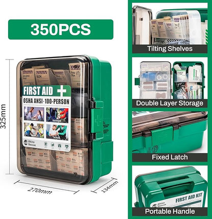 RHINO RESCUE First Aid Kit for Business - Plastic Wall Mounted First Aid Box, Hard Case Emergency Kit for Home, Office, Workshop, Restaurant (Green)