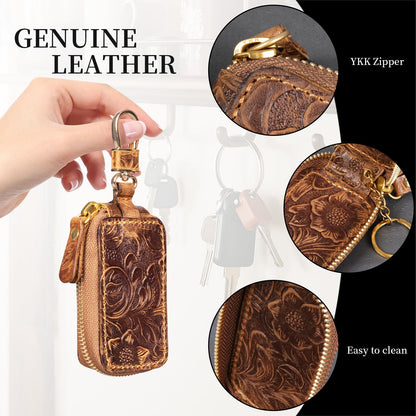 Gexmil Genuine Leather Zipper Car Key Case, Full Grain Leather, Pure Brass Hardware, Hand-Made Universal Car Key Holder, Mini Coin Bag for Women Men,Floral Brown