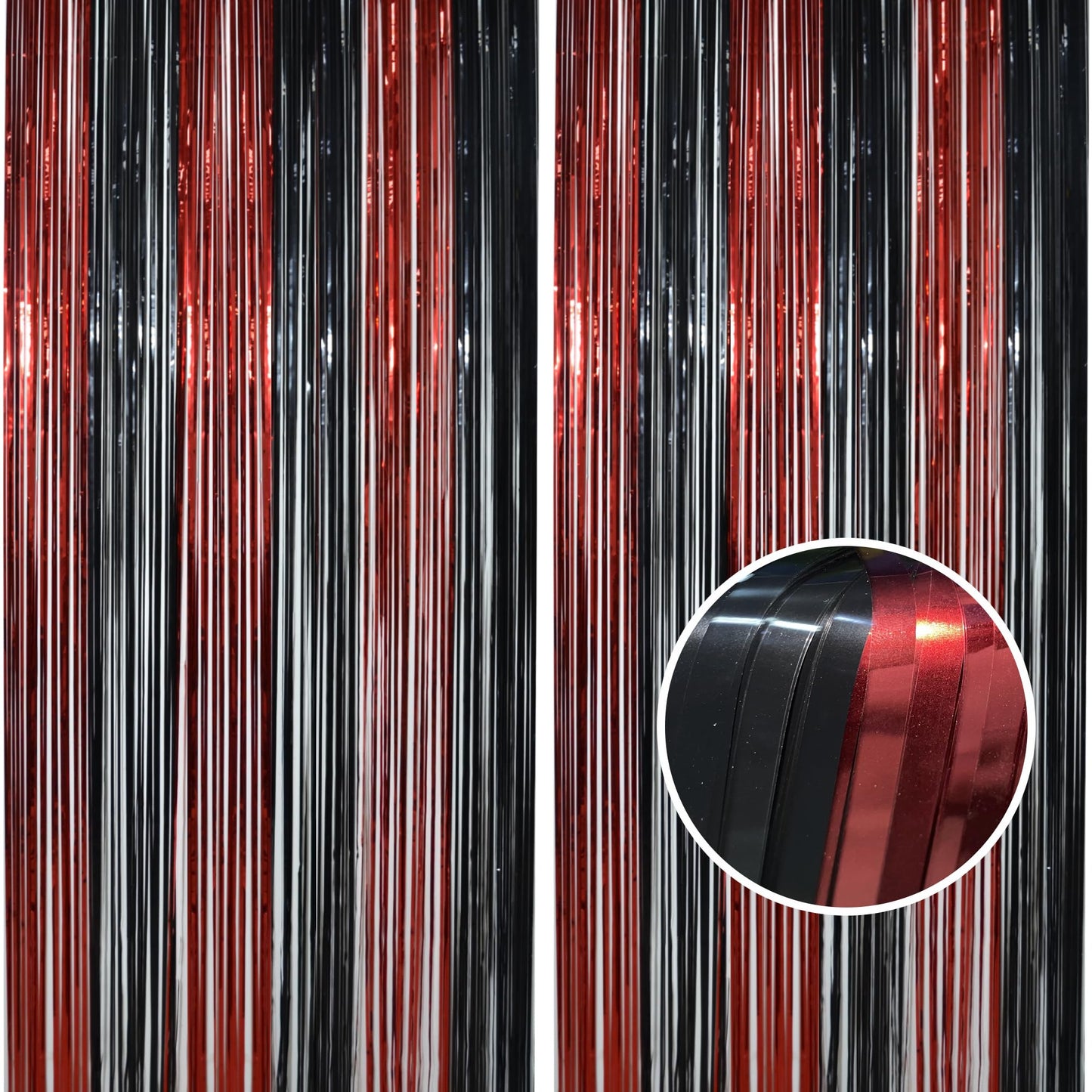 BRAVESHINE Tinsel Photo Backdrop Curtains - 2 Pack 3.2x8.2ft Black Red Foil Fringe Streamer Curtain for Graduation/Stranger/Men/Birthday/Bachelorette/Anniversary/Home/Office/Indoor/Outdoor Decorations