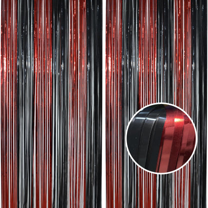 BRAVESHINE Tinsel Photo Backdrop Curtains - 2 Pack 3.2x8.2ft Black Red Foil Fringe Streamer Curtain for Graduation/Stranger/Men/Birthday/Bachelorette/Anniversary/Home/Office/Indoor/Outdoor Decorations