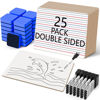 Dry Erase Boards 25 Pack, 9"x12" Double Sided Small Whiteboards with Lines for Kids, Students, Teacher & Classroom Pack, Mini Individual White Boards Lined for Writing Math English Practice