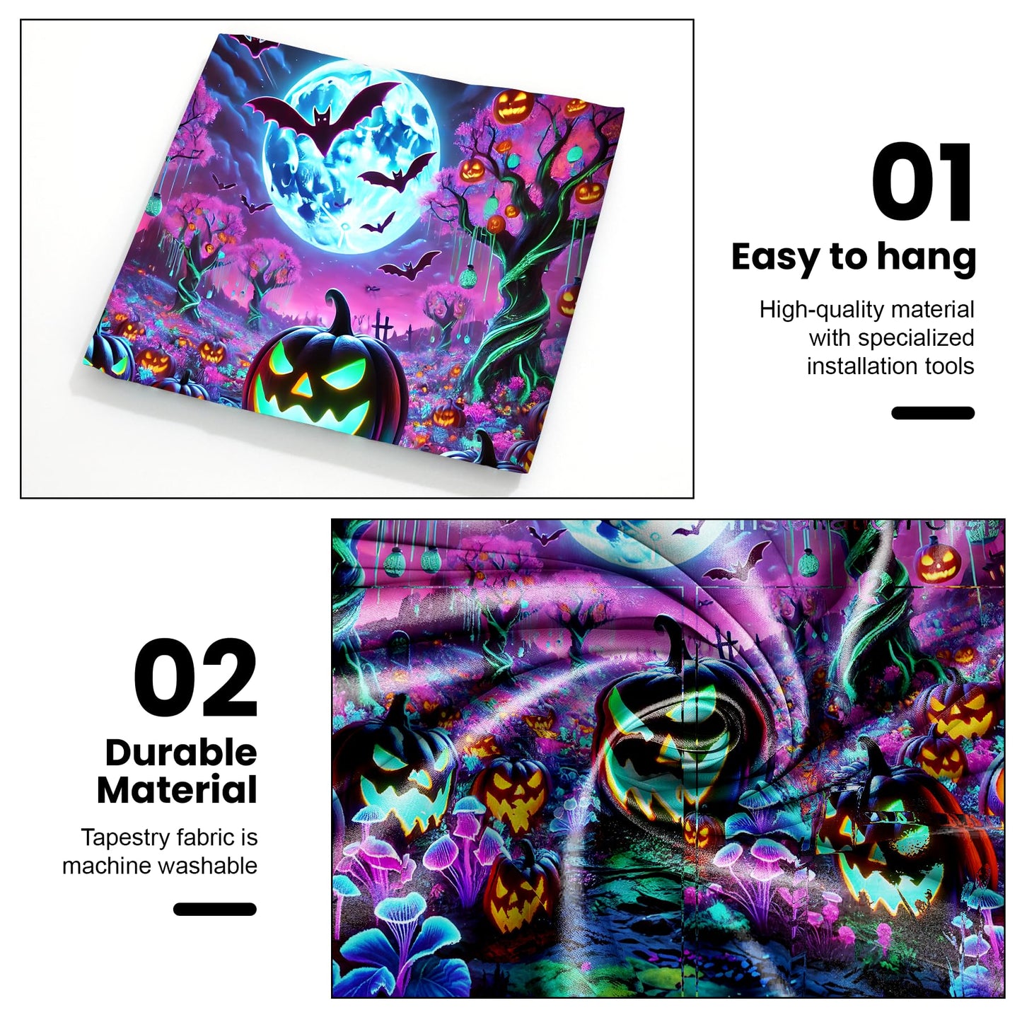 AOHMPT Glow-in-the-Dark Halloween Tapestry - UV Reactive Black Light Wall Hanging Decor for Spooky Parties, Bedroom, Living Room (Pumpkin-Bat, 79L x 59W, Unframed)