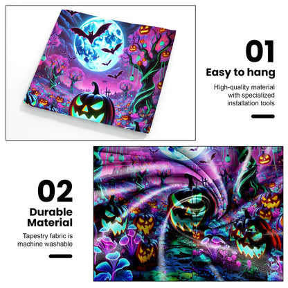 AOHMPT Glow-in-the-Dark Halloween Tapestry - UV Reactive Black Light Wall Hanging Decor for Spooky Parties, Bedroom, Living Room (Pumpkin-Bat, 79L x 59W, Unframed)