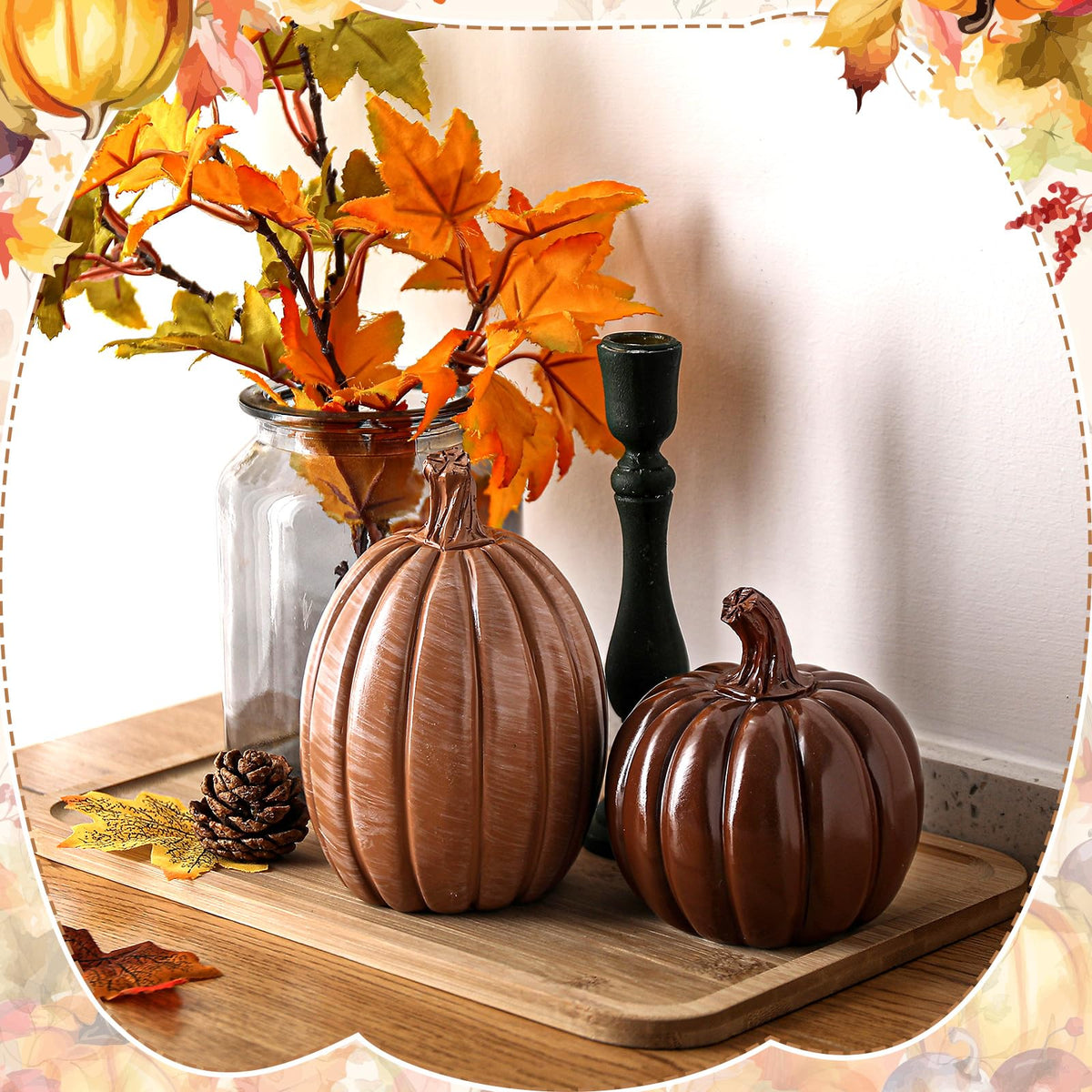 Vicenpal 2Pcs Fall Pumpkin Decor Set Artificial Resin Pumpkin Fall Artificial Fake Pumpkins Decor for Autumn Halloween Thanksgiving Tabletop Farmhouse Mantel Decoration (Shiny Brown,Fashionable Style)