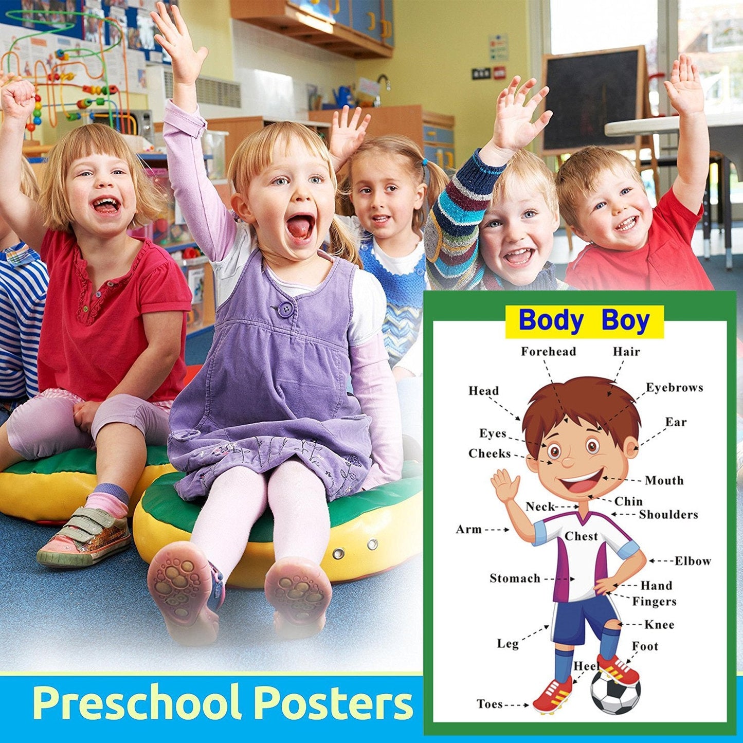 SANTSUN 2 Pcs of Set Educational Preschool Poster for Toddlers and Kids|Great for Nursery Homeschool Kind Classroom decorations|School Wall Decor- Transportation,Body Parts (17x24in)