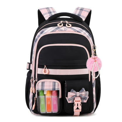 QIXIHU Girls Backpack, 17-Inch Bookbag for Middle & Elementary School, Kawaii Kids Backpack for Girls Ages 6-12(Black Pink)