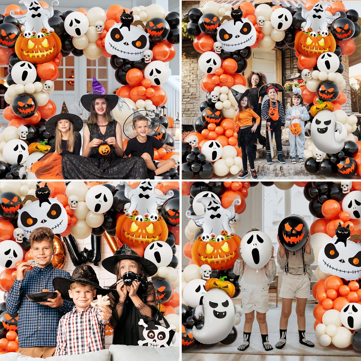 AobkDeco 152pcs Halloween Balloon Arch Kit - Orange, Lvory White & Black Balloons with Pumpkin, Ghost & Black Cat Foil Balloons for Halloween Party Decoration