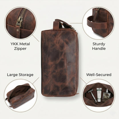 Autentico Leather Toiletry Bag for Men – Genuine Leather Dopp Kit, Travel Organizer for Grooming Essentials, Large Shaving Kit Pouch, Durable Dark Brown Gift for Men