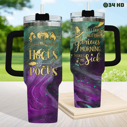 34HD Hocus Witch Tumbler 40oz with Handle Straw, Engraved Glorious Morning Stainless Steel Insulated Travel Coffee Cup - Spooky Birthday Gift for Festival Fans, Him Her & Movie Lovers