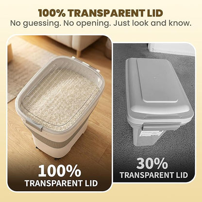 HOYTAMDAR 20-50Lbs Rice Container,Collapsible Food Storage Containers with Airtight Clear Lid,Wheels,Rice Storage Container with Small Bin and Scoop,Rice Dispenser for Flour Sugar Cereal Grain Dog Cat