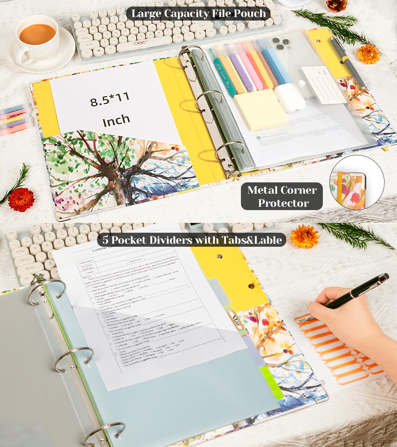 2 Inch 3 Ring Binder Organizer with Clipboard, 5-Tabs Pockets Dividers, Plastic Folder, 18 Divider Stikers, KLLVE Three Ring Binder with Pen Loop (Green Tree, Letter Size)