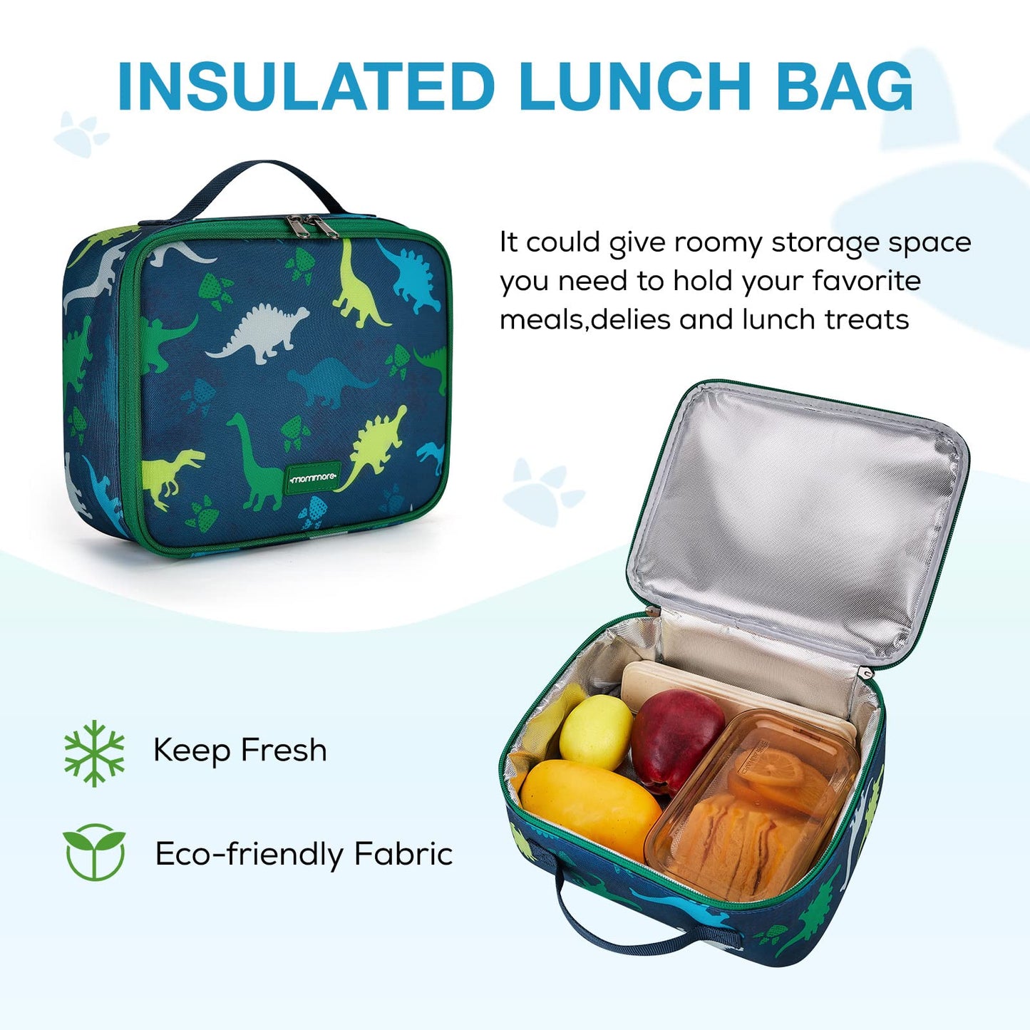 mommore Kids Backpack for Boys, Toddler Backpack for Preschool Kindergarten Elementary Lightweight Bookbag for Students with Lunch Box (3PCS, Dinosaur Green)