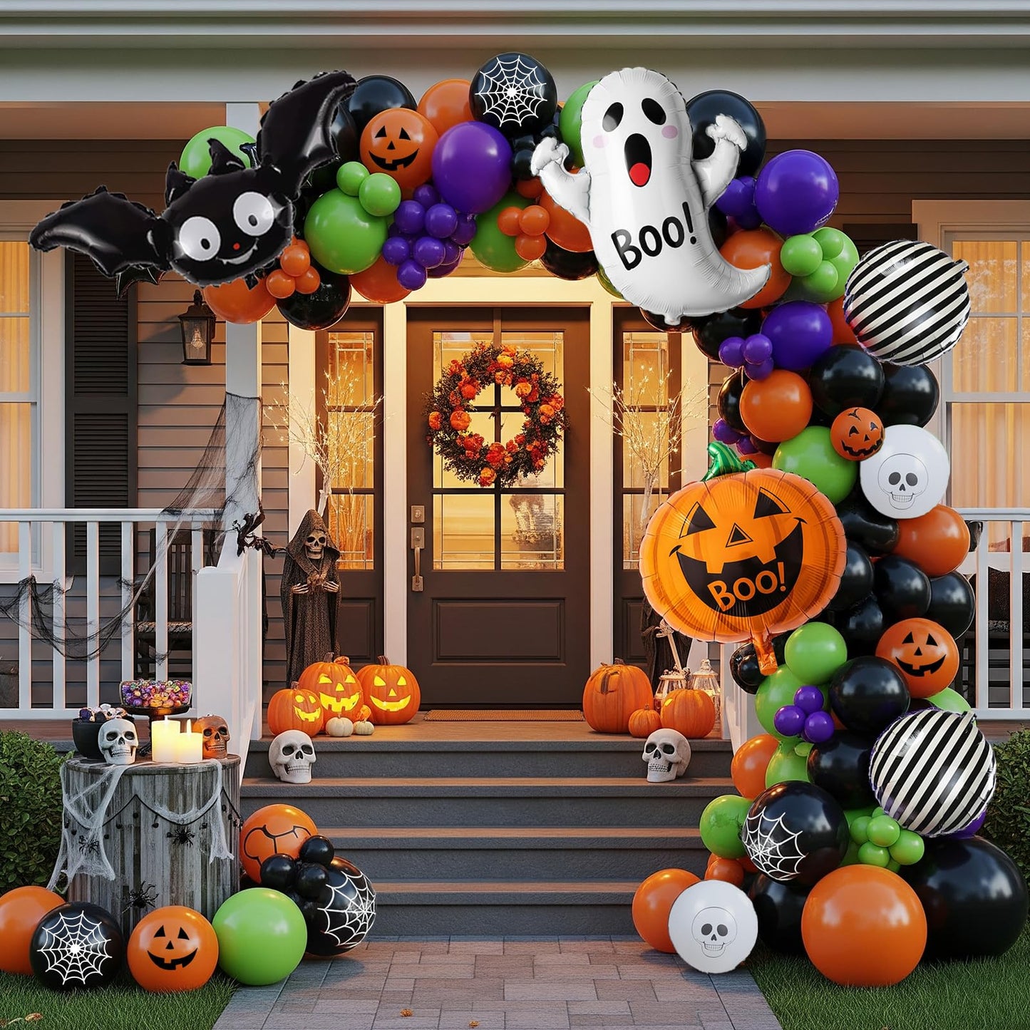 Halloween Decorations with Orange Black Green Purple Balloon Garland Arch & Spider web Bat Ghost Pumpkin Stripes foil Balloons for Horror Night one spooky Trunk or Treat Car Party Boo day Supplies