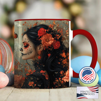 ANOVRA Day of the Dead Lady Mug, Dia de los Muertos Coffee Mug with Orange Rose Face Paint, Gothic Mexican Art Ceramic Cup, Gift for Halloween, Her, Friends, Celebration, 11oz