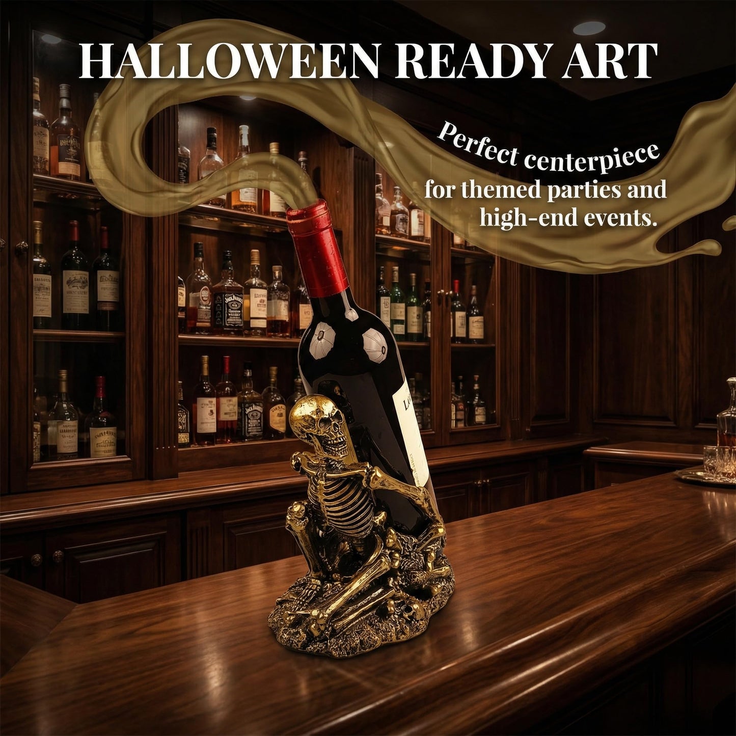 PDNPDN Gothic Skull Decorated Wine Bottle Rack, Halloween countertop Small Wine Rack, Room Emotional Decoration (Bronze)