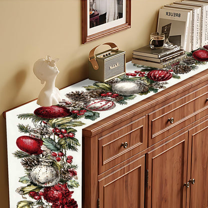 Elegant Christmas Table Runner and Placemats Set – 1 Runner & 4 Placemats – Festive Wreath Design with Red & White Baubles, Pinecones & Berries –Holiday Table Decor for Winter Dining & Christmas Party